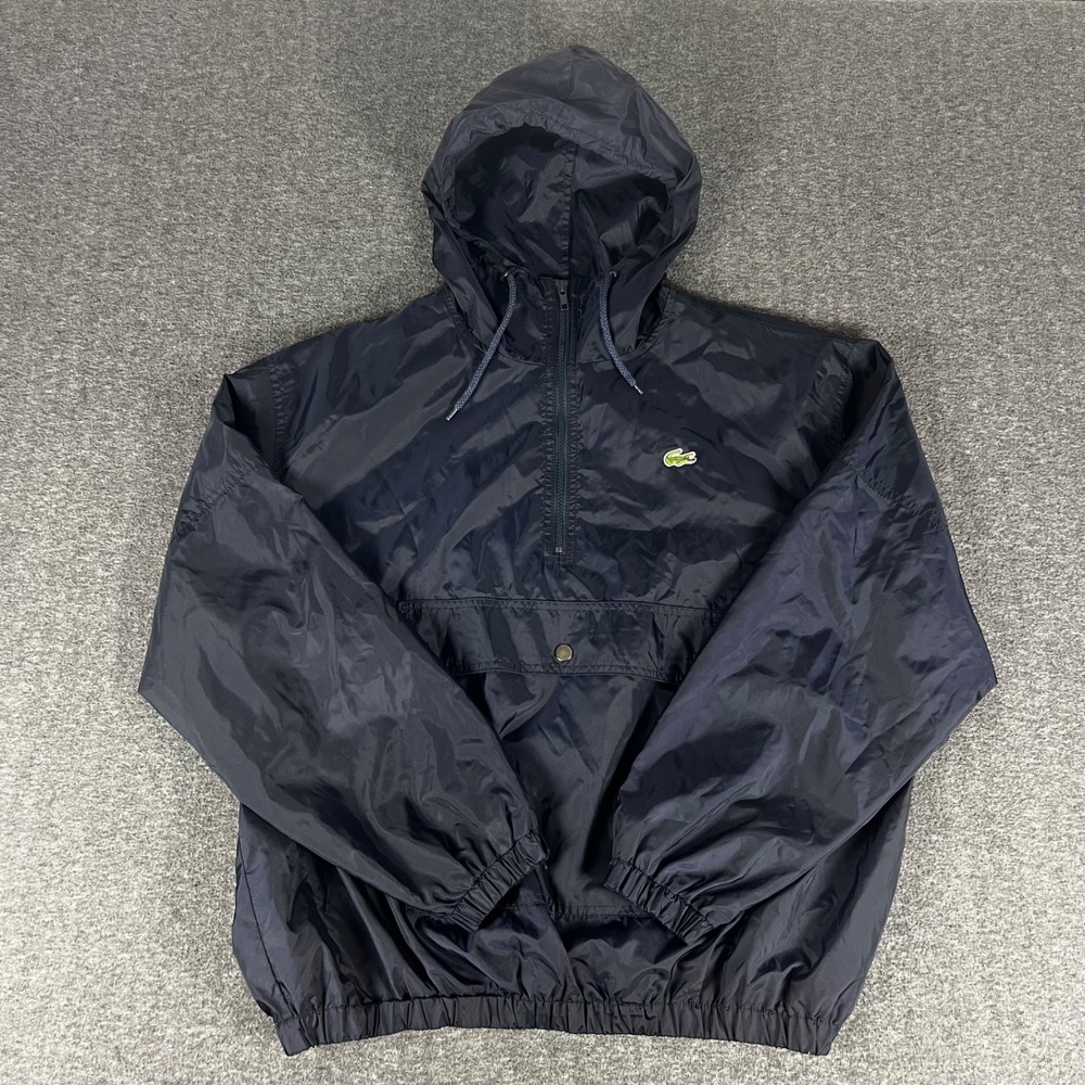 Vintage 90s Izod Lacoste Nylon Anorak Windbreaker Men's Large Black Hooded Zip